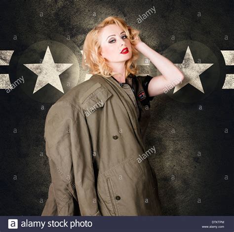 Old Fashion Fine Art Portrait Of A Blond Military Pinup Girl Wearing