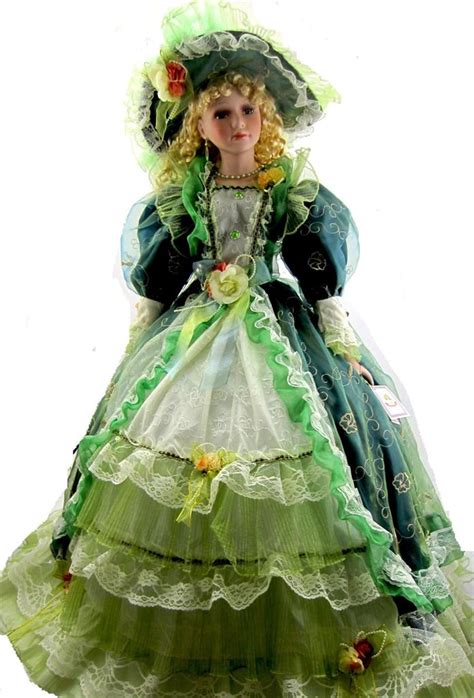 Porcelain Umbrella Doll 38 Tall Victorian Style Green And Gold Dress