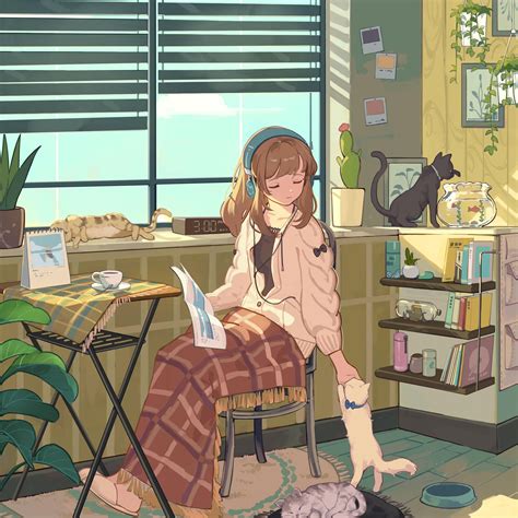 Wallpaper Id 153175 Anime Anime Girls Indoors Headphones Cats