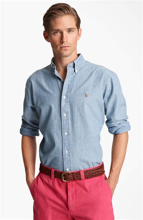 Polo Ralph Lauren Custom Fit Chambray Sport Shirt In Blue For Men