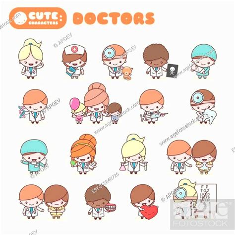 Cute Chibi Kawaii Characters Profession Set Doctors Flat Cartoon