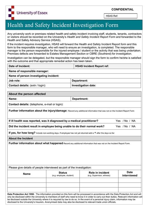 Health And Safety Incident Investigation Form Confidential