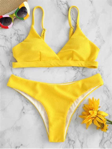 13 Off 2021 Zaful Cami Ribbed Knit Bikini Set In Bright Yellow