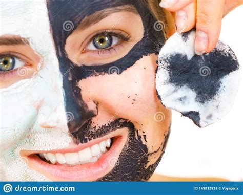 Girl Remove Black White Mud Mask From Face Stock Photo