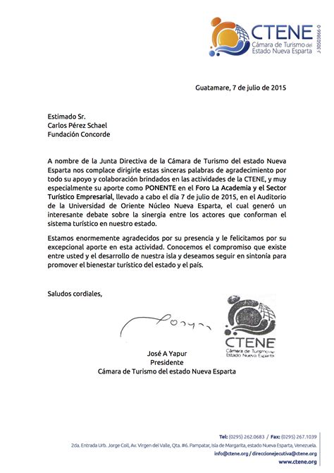 Carta Agradecimiento Ctene A Carlos Pérez Schael Margarita Concorde