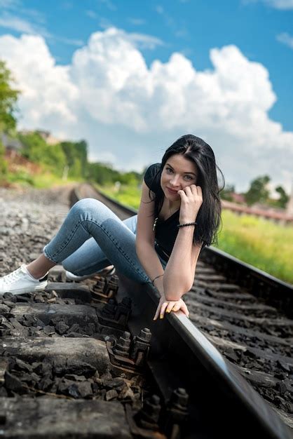 Premium Photo Woman Walk On The Railroad Tracks Summer Lifestyle Trip