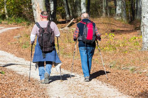 Two Older Men Walking By Hiking Trail Stock Image Colourbox