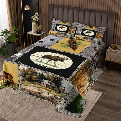 Retro Cabin Coverlet Set Rustic Bear Deer Bedspread Set Hunting Ystwild