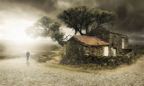 House Trees Clouds Old Nature Gray Mist Landscape