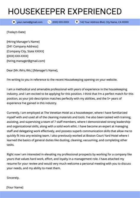Apply to housekeeper, hotel housekeeper, housekeeping aide and more! Housekeeper Experienced Cover Letter Example Template | RG ...