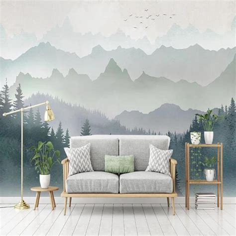 Custom Wallpaper Mural Watercolor Mountain Forest Bvm Home