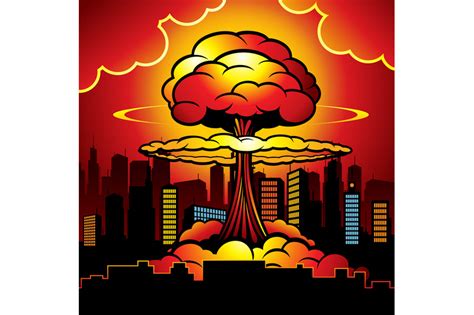 Burning City With Nuclear Explosion Of Atomic Bomb Cartoon Vector Ill
