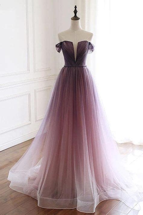 Unique Gradient Purple Tulle Long Prom Dress Off Shoulder Evening