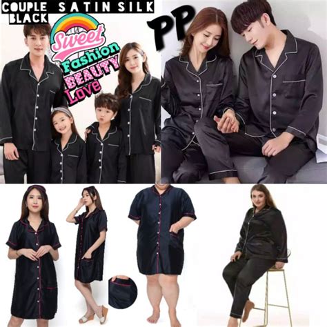 Jual Piyama Couple Lengan Panjang Satin Silk Polos Set Celana Baju