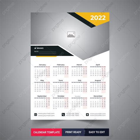 Gambar Siap Cetak Satu Halaman Kalender Dinding Template Desain 2022