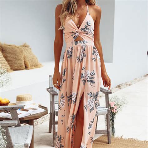 Sexy Long Beach Dress Women Halter Backless Floral Printed Female