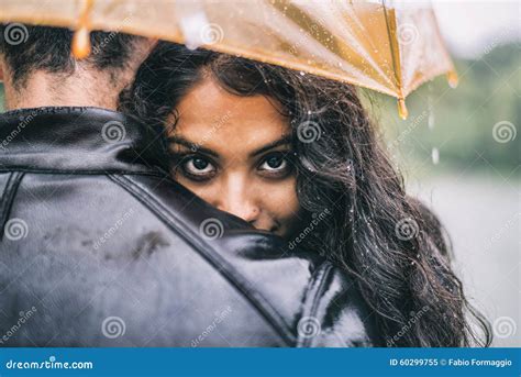 Lovers With Umbrella On A Rainy Day Stock Image Image Of Indian