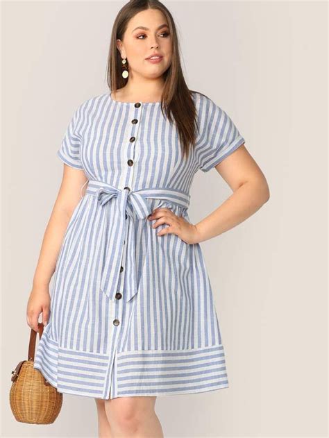 Plus Button Front Striped Belted Dress Belted Dress Plus Size Dresses Clothes For Women