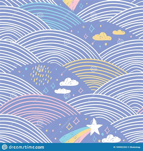 Seamless Pattern Rainbow Abstract Scales Sky Clouds Stars Simple
