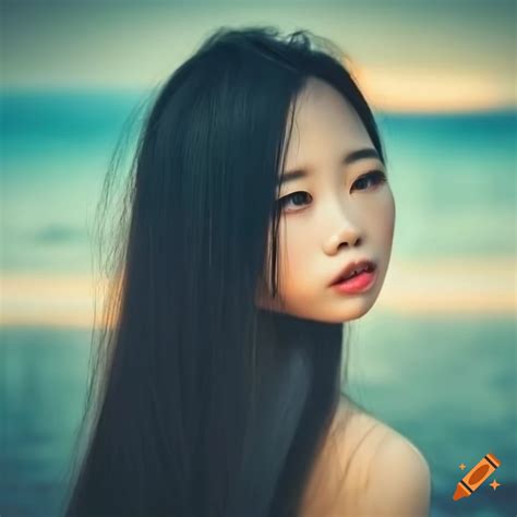 portrait of a chinese girl with long black hair and green eyes on craiyon