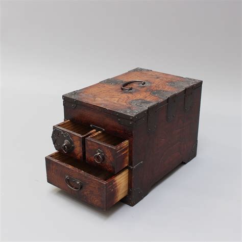 Antique Japanese Wooden Writing Box With Decorative Hardware Meiji Er
