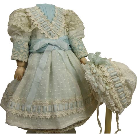 French White Dotted Muslin Antique Dolls Dress With Blue Batiste Under