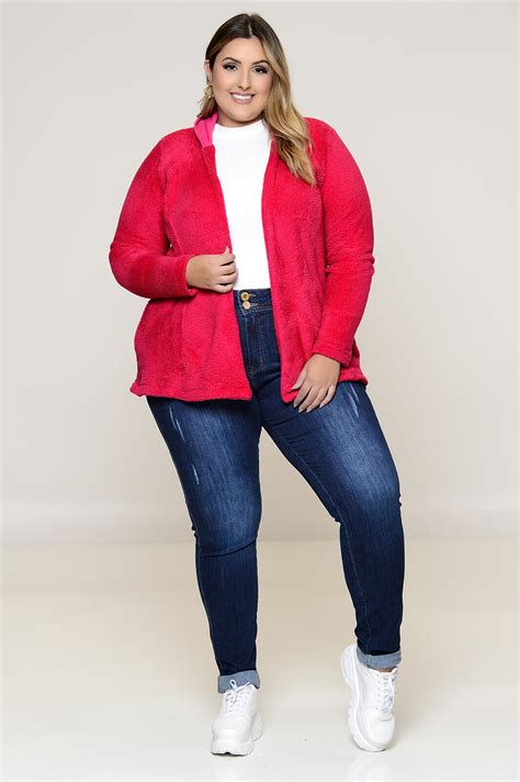 Casaco Plus Size Fleece Pink Com Capuz Vk Moda Plus Size