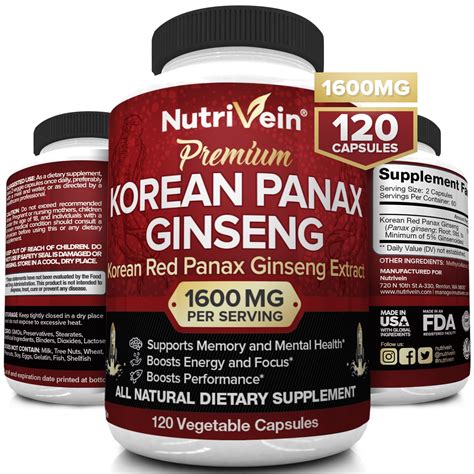 Nutrivein Korean Red Panax Ginseng 1600mg 120 Vegan Capsules For Energy Libido