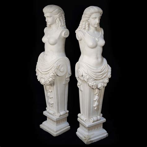 Hand Carved Carrara Marble Classical Greek Woman Maiden Statues A Pair