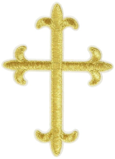 Gold Metallic Fleur De Lis Iron On Embroidered Religious Cross Patch 4