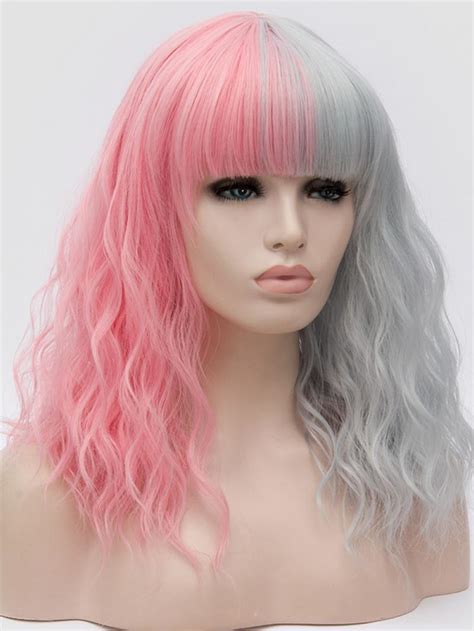 Half Pink Half Grey Short Wavy Non Lace Wefted Wig With Bang