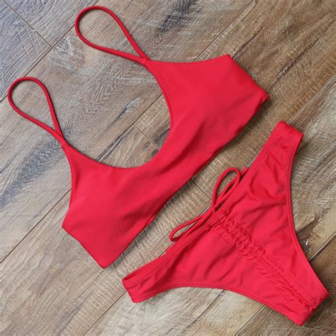 2018 Red Bikini Backless Swimsuit Sexy Swimwear Women Brazilian Bikini