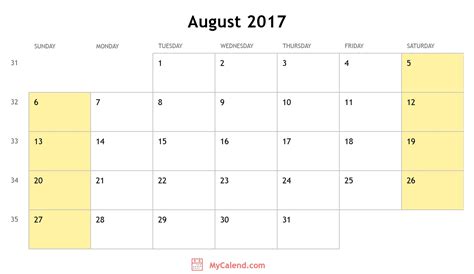 August 2017 Calendar With Holidays Monthly Printable Calendar