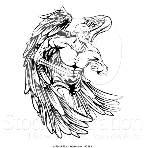 Vector Illustration Of A Black And White Muscular Male Guardian Angel