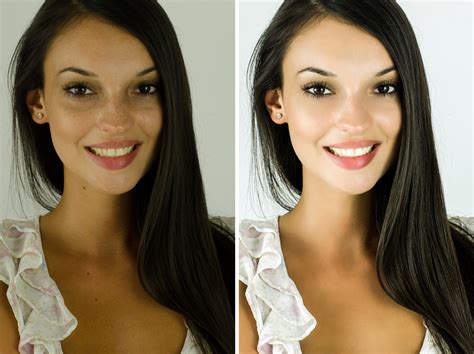 Portrait Of A Beautiful Brunette Girl Before And After Retouching With