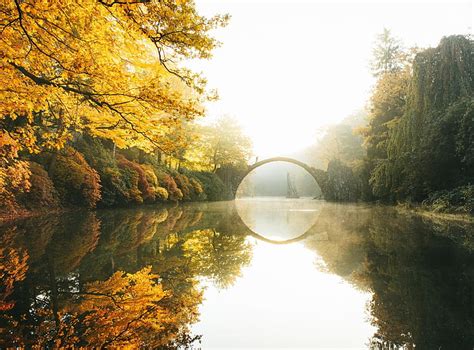 自然、 写真、 風景、 秋、 朝、 日光、 木、 川、 反射、 橋、 黄色、 葉、 ドイツ、 Hdデスクトップの壁紙