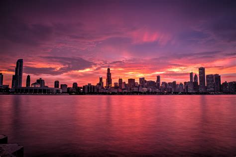 Chicago Buildings Evening Lights Skycrapper Sunrise Hd World 4k