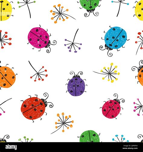Seamless Pattern With Colorful Doodle Bugs Vector Background With Cute