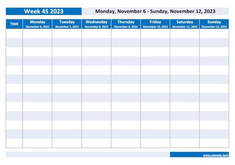 Week 45 2023 Dates Calendar And Weekly Schedule To Print