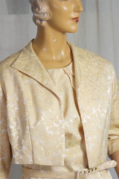 1960s Pale Gold Damask Sheath Dress And Bolero Jacket Gem