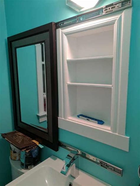 I Made A Recessed Medicine Cabinet Hidden Behind A Sliding Mirror Idea