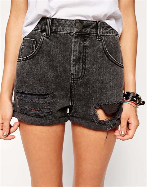 Lyst Asos Denim High Waist Mom Shorts In Washed Black With Rips In Gray