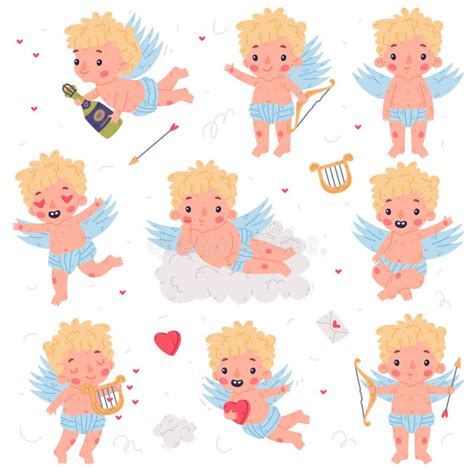 Cute Baby Cupid With Wings Set Adorable Blond Little Boy Angel