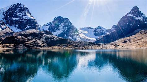 Desktop Wallpaper Nevado Sajama Mountains Lake Sunlight Nature Hd