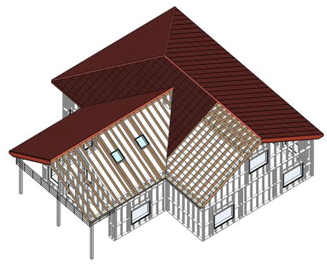 The hip starts roughly half way between bents 1 and 2 and dies off at bent 1, and is also at a 12:12. Wood Framing Roof+ | AGACAD