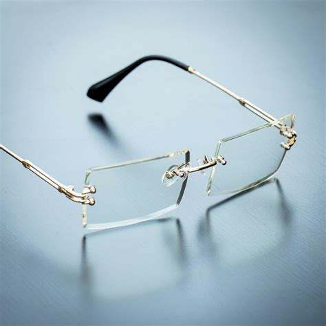 Mens Rectangular Sophisticated Gold Clear Lens Square Rimless