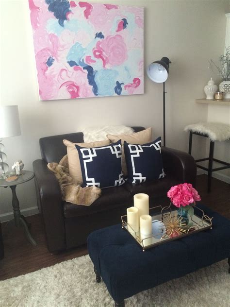 Navy And Pink Living Room Decor Navy Pillows Navy Ottoman Pink And