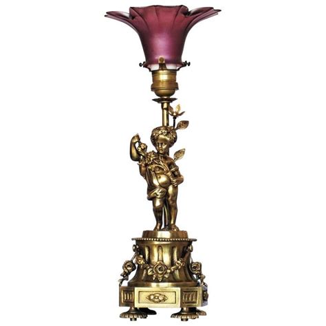 French Art Nouveau Gilt Bronze Cherub Table Lamp With Vaseline Glass