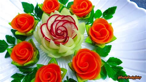 Attractive Garnish Of Radish And Carrot Rose Flowers With Onion
