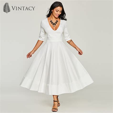 Women Elegant White Dresses Deep V Neck Expansion A Line Evening Party Dress Summer Wedding